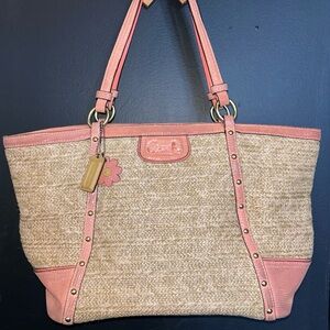 Coach 21959 Alexandra Coral Patent Floral Charm Straw Studded Tote